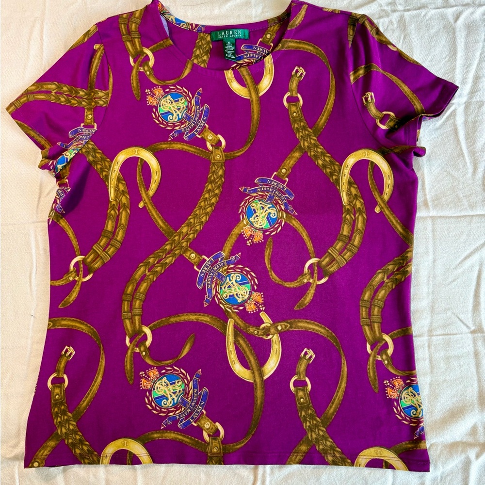 VTG Lauren Ralph Lauren Women Purple Equestrian Belt Crest Preppy Tee Size XL